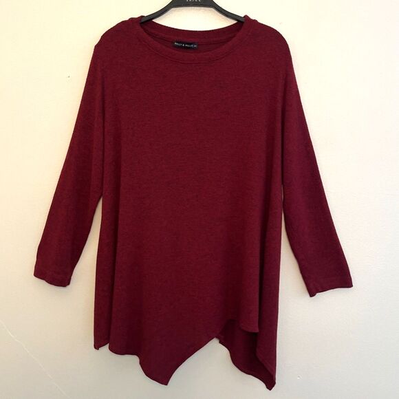 NALLY AND MILLIE High/Low Tunic Long Sleeve Crewneck Sweater, Heather Red- L - Picture 1 of 9